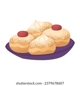 Buns fried in oil. Celebrating the traditional Jewish holiday Hanukkah. Family values and religious rituals. Vector illustration isolated on white background.