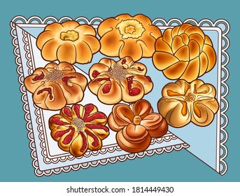 Buns hand drawn vector doodle illustration. Bake shop elements cartoon background. Bright color bakery objects, picture
