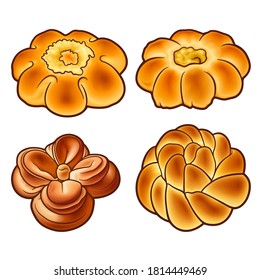 Buns hand drawn vector doodle set. Bake shop object element cartoon illustrations. Funny bakery picture