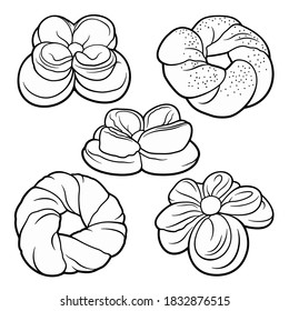 Buns, hand drawn vector doodle set. Bake shop elements cartoon illustration. Bakery objects picture