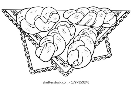 Buns hand drawn vector doodles illustration. Bake shop elements and objects cartoon background. Line art funny bakery picture