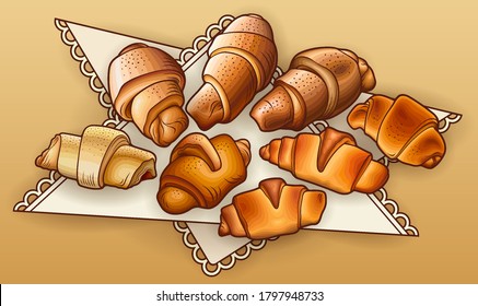 Buns hand drawn vector doodles illustration. Bake shop elements and objects cartoon background. Bright colors funny bakery picture