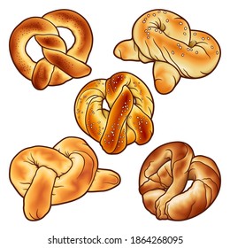 Buns hand drawn vector doodles set. Bake shop elements and objects cartoon illustration. Funny bakery picture