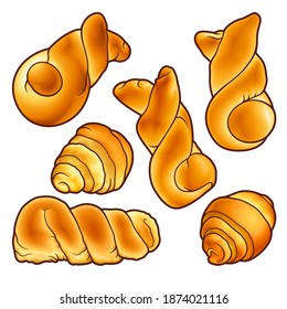 Buns hand drawn vector doodles set. Bake shop elements and objects cartoon illustration. Funny bakery picture