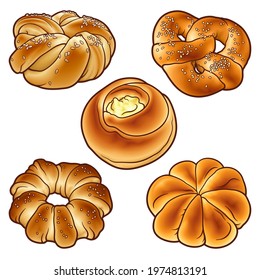 Buns hand drawn vector doodles set. Bake shop elements and objects cartoon illustration. Funny bakery picture