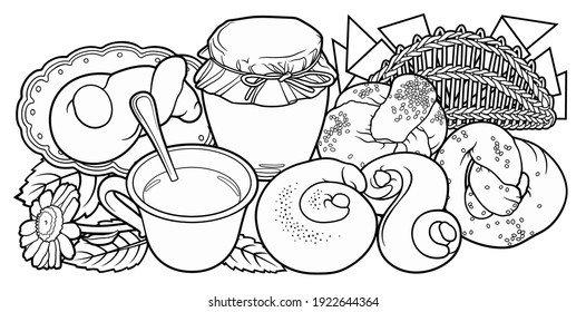 Buns honey and tea hand drawn vector doodle illustration. Bakery objects and elements cartoon background. Funny food picture