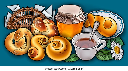 Buns honey and tea hand drawn vector doodle illustration. Bakery objects and elements cartoon background. Funny food picture