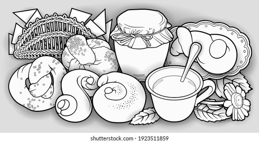 Buns honey and tea hand drawn vector doodle illustration. Bakery objects and elements cartoon background. Funny food picture