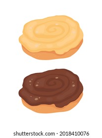 Buns con hielo y canela. Fijación de chocolate y vainilla. Ilustración vectorial de color completo sobre fondo blanco.