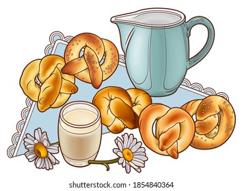 Buns and milk hand drawn vector doodle illustration. Bakery objects and elements cartoon background. Funny food picture
