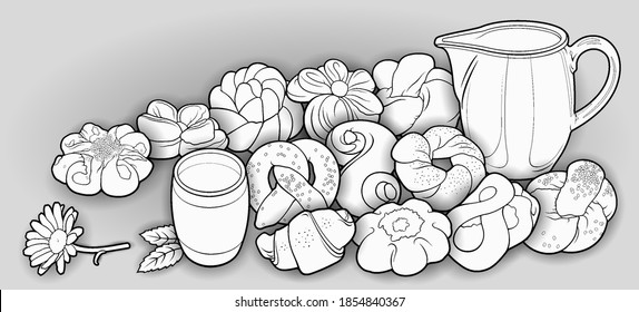 Buns and milk hand drawn vector doodle illustration. Bakery objects and elements cartoon background. Funny food picture