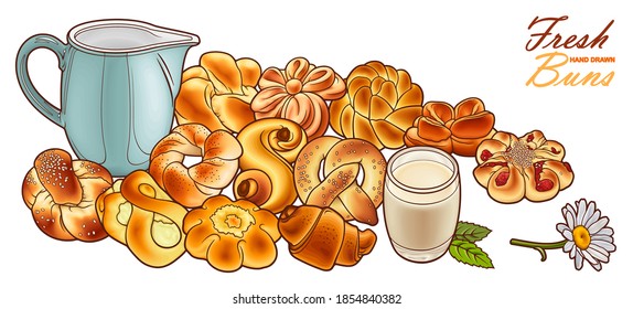 Buns and milk hand drawn vector doodle illustration. Bakery objects and elements cartoon background. Funny food picture