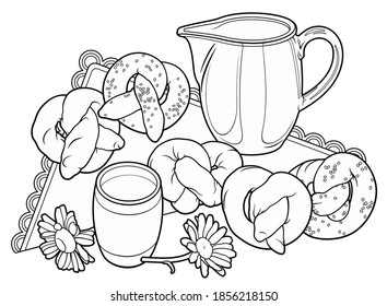 Buns and milk hand drawn vector doodle illustration. Bakery objects and elements cartoon background. Funny food picture