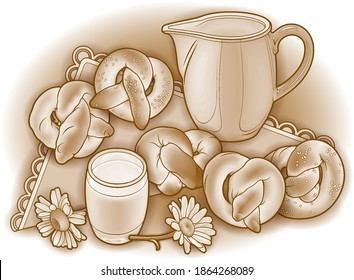 Buns and milk hand drawn vector doodle illustration. Bakery objects and elements cartoon background. Funny food picture