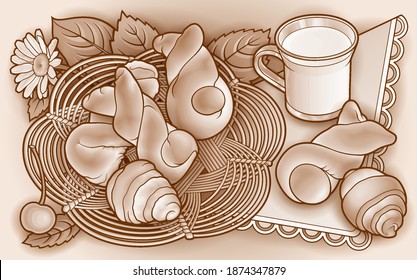 Buns and milk, wicker napkin hand drawn vector doodle illustration. Bakery objects and elements cartoon background. Funny food picture