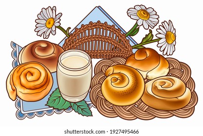 Buns and milk, wicker napkin hand drawn vector doodle illustration. Bakery objects and elements cartoon background. Funny food picture