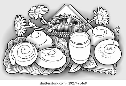 Buns and milk, wicker napkin hand drawn vector doodle illustration. Bakery objects and elements cartoon background. Funny food picture