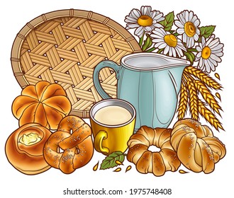 Buns and milk, wicker napkin hand drawn vector doodle illustration. Bakery objects and elements cartoon background. Funny food picture