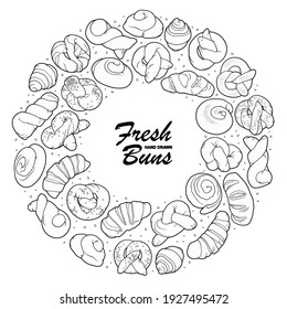 Buns and pastries hand drawn doodle line art illustration. Bakery objects and elements cartoon round frame. Vector background.