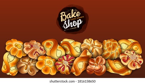 Buns and pastries hand drawn vector doodle colorful illustration. Bakery objects and elements cartoon horizontal background. 