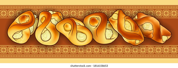 Buns and pastries hand drawn vector doodle colorful illustration. Bakery objects and elements cartoon horizontal background. 