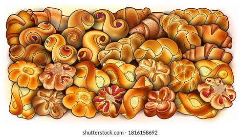Buns and pastries hand drawn vector doodle colorful illustration. Bakery objects and elements cartoon horizontal background. 