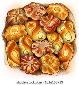 Buns and pastries hand drawn vector doodle colorful illustration. Bakery objects, elements cartoon background. 