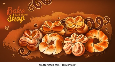 Buns and pastries hand drawn vector doodle colorful illustration. Bakery objects and elements cartoon horizontal background.