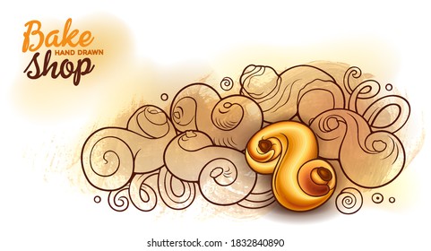 Buns and pastries hand drawn vector doodle colorful illustration. Bakery objects and elements cartoon horizontal background.