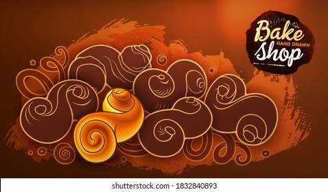 Buns and pastries hand drawn vector doodle colorful illustration. Bakery objects and elements cartoon horizontal background.