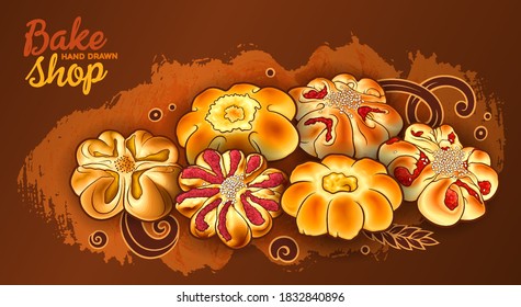 Buns and pastries hand drawn vector doodle colorful illustration. Bakery objects and elements cartoon horizontal background.