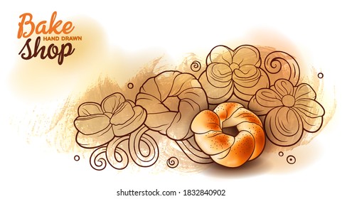 Panes y bollería dibujados a mano vectorial doodle colorido ilustración. Objetos de panadería y elementos dibujando fondo horizontal.