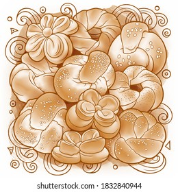 Buns and pastries hand drawn vector doodle monochrome illustration. Bakery objects and elements cartoon background.