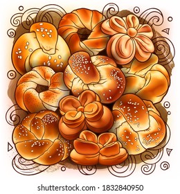 Buns and pastries hand drawn vector doodle colorful illustration. Bakery objects, elements cartoon background.