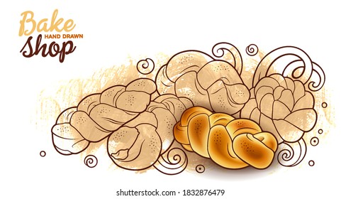Gebäck und Gebäck handgezeichnet Vektorgrafik doodle bunten Illustration. Bäckereiobjekte und -elemente, Cartoon auf horizontalem Hintergrund.