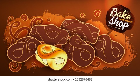 Buns and pastries hand drawn vector doodle colorful illustration. Bakery objects and elements cartoon horizontal background.