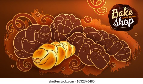 Buns and pastries hand drawn vector doodle colorful illustration. Bakery objects and elements cartoon horizontal background.