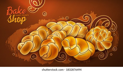 Panes y bollería dibujados a mano vectorial doodle colorido ilustración. Objetos de panadería y elementos dibujando fondo horizontal.