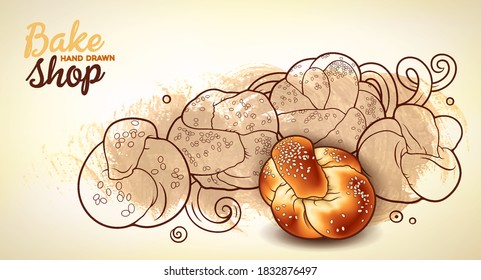 Buns and pastries hand drawn vector doodle colorful illustration. Bakery objects and elements cartoon horizontal background.