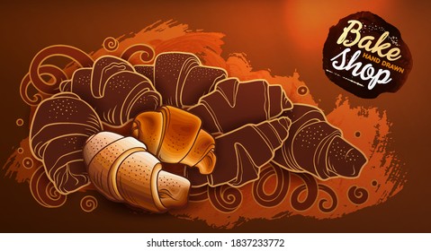 Buns and pastries hand drawn vector doodle colorful illustration. Bakery objects and elements cartoon horizontal background.