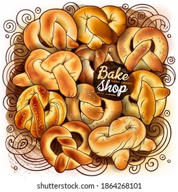 Buns and pastries hand drawn vector doodle colorful illustration. Bakery objects, elements cartoon background.