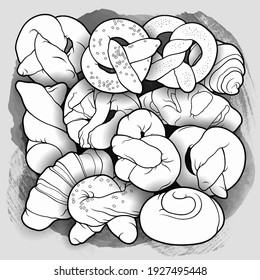 Buns and pastries hand drawn vector doodle line art illustration. Bakery objects, elements cartoon background. 