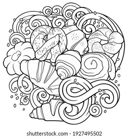 Buns and pastries hand drawn vector doodle line art illustration. Bakery objects, elements cartoon background. 