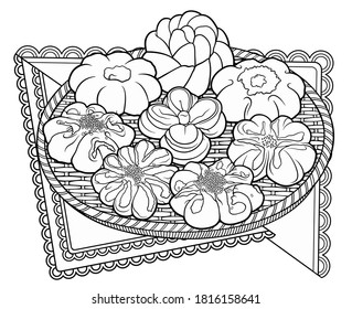 Buns and pastries on napkins. Hand drawn vector doodle line art illustration. Bakery objects cartoon background. 