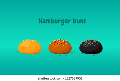 Buns and rolls assortment. Black and white humburger buns. Bread icon, isolated vector illustration. Bakery product in cartoon style.
