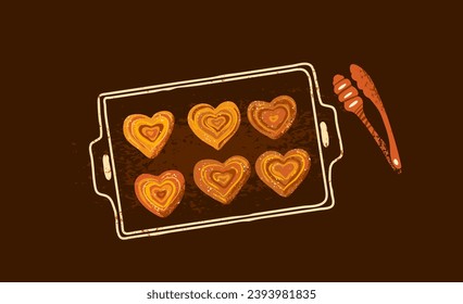 Buns in the shape of heart on baking tray with bakery tongs. Vector illustration. Isolated on dark background. Sweet puffs in modern textured style.