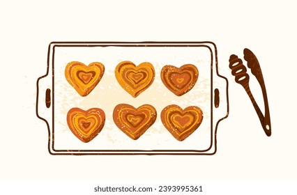 Buns in the shape of heart on baking tray with bakery tongs. Vector illustration. Isolated on white background. Sweet puffs in modern textured style.