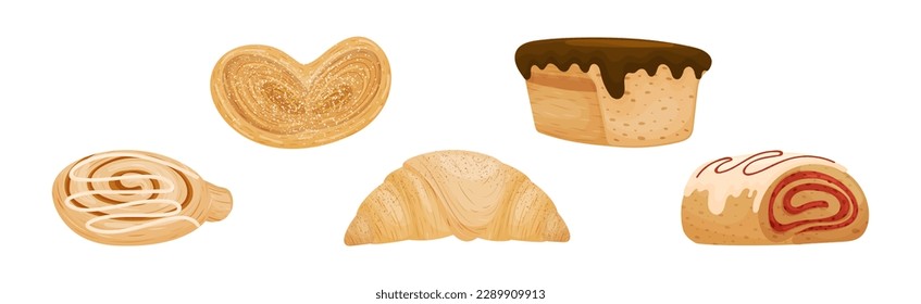 Buns as Sweet Wheat Pastry or Confectionery Made from Flour and Yeast Vector Set