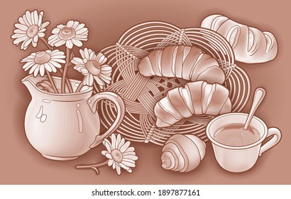 Buns and tea, wicker napkin and flowers in a jug hand drawn vector doodle illustration. Bakery objects and elements cartoon background. Funny food picture
