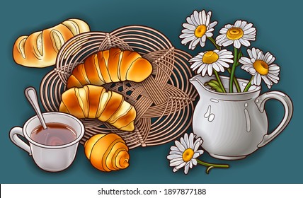 Buns and tea, wicker napkin and flowers in a jug hand drawn vector doodle illustration. Bakery objects and elements cartoon background. Funny food picture